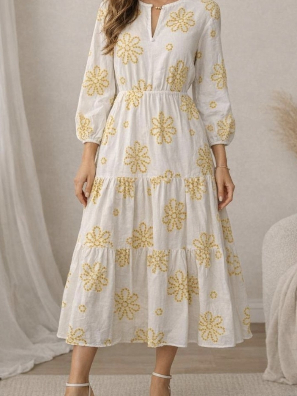 Alexis White Midi Dress with Yellow Floral Embroidery